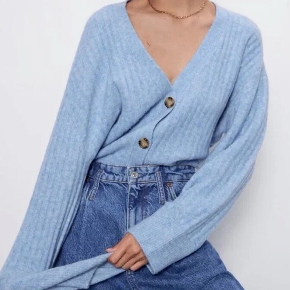 Zara Blue Long Sleeve Button-Up V-Neck Knit Cardigan Sweater Women's Size M